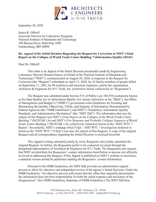 Appeal of NIST Initial Decision WTC 7 RFC 09 28 20