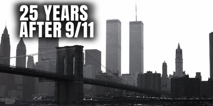 Black-and-white view of the Twin Towers and Brooklyn Bridge with the words “25 Years After 9/11.”